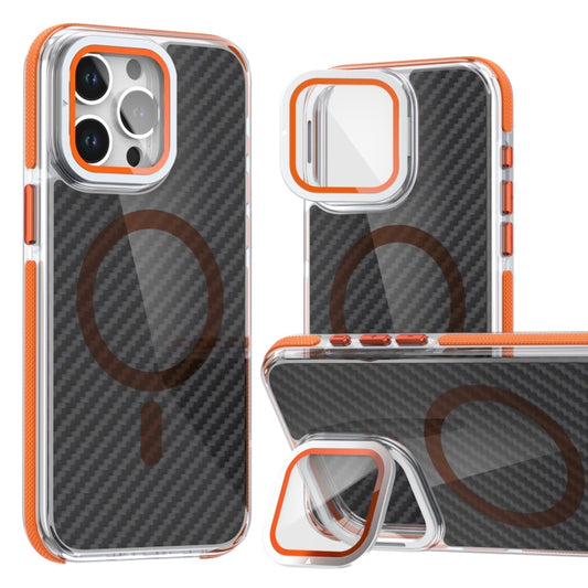 For iPhone 13 Pro Magsafe Dual-Color Carbon Fiber Lens Film Phone Case with Lens Fold Holder(Orange) by buy2fix