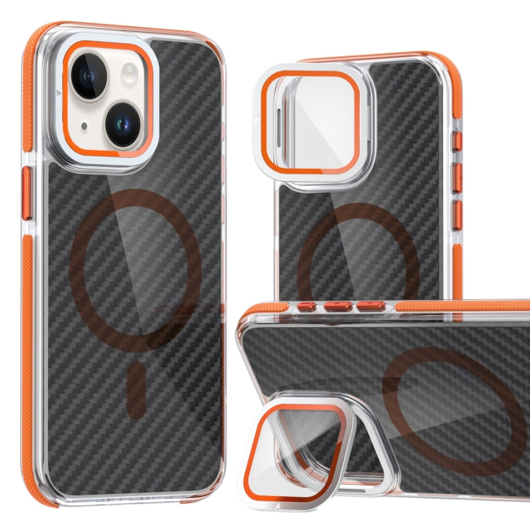 For iPhone 13 / 14 Magsafe Dual-Color Carbon Fiber Lens Film Phone Case with Lens Fold Holder(Orange) by buy2fix