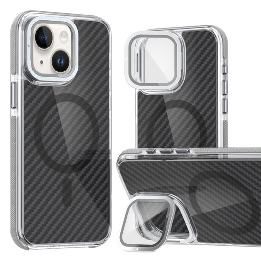 For iPhone 13 / 14 Magsafe Dual-Color Carbon Fiber Lens Film Phone Case with Lens Fold Holder(Gray) by buy2fix