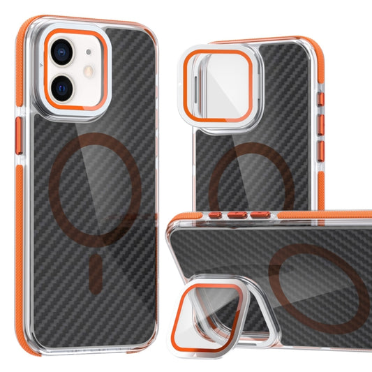For iPhone 12 Pro / 12 Magsafe Dual-Color Carbon Fiber Lens Film Phone Case with Lens Fold Holder(Orange) by buy2fix