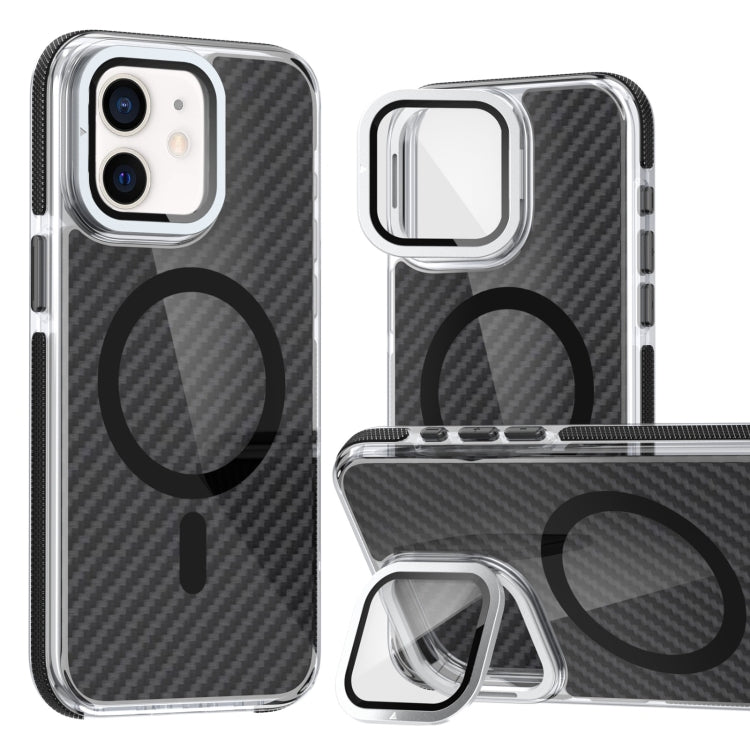 For iPhone 12 Pro / 12 Magsafe Dual-Color Carbon Fiber Lens Film Phone Case with Lens Fold Holder(Black) by buy2fix