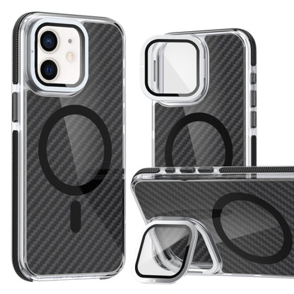 For iPhone 12 Pro / 12 Magsafe Dual-Color Carbon Fiber Lens Film Phone Case with Lens Fold Holder(Black) by buy2fix