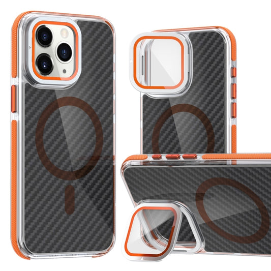 For iPhone 11 Pro Max Magsafe Dual-Color Carbon Fiber Lens Film Phone Case with Lens Fold Holder(Orange) by buy2fix