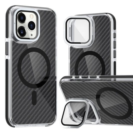 For iPhone 11 Pro Max Magsafe Dual-Color Carbon Fiber Lens Film Phone Case with Lens Fold Holder(Black) by buy2fix