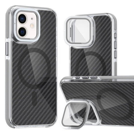 For iPhone 11 Magsafe Dual-Color Carbon Fiber Lens Film Phone Case with Lens Fold Holder(Gray) by buy2fix