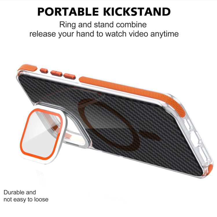 For iPhone 12 Pro / 12 Magsafe Dual-Color Carbon Fiber Lens Film Phone Case with Lens Fold Holder(Orange) by buy2fix