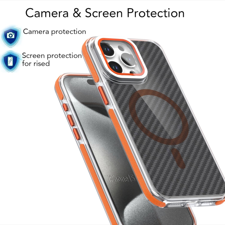 For iPhone 13 / 14 Magsafe Dual-Color Carbon Fiber Lens Film Phone Case with Lens Fold Holder(Orange) by buy2fix
