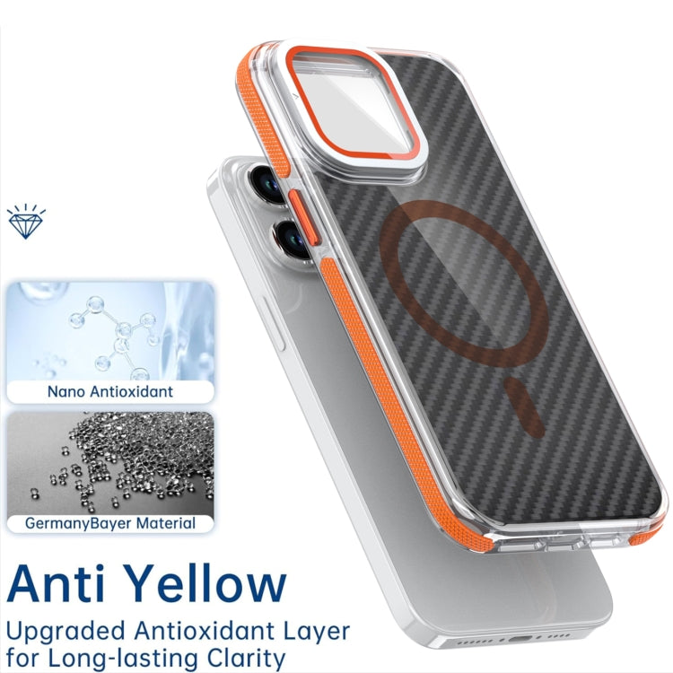 For iPhone 13 Pro Magsafe Dual-Color Carbon Fiber Lens Film Phone Case with Lens Fold Holder(Orange) by buy2fix