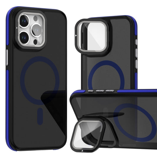 For iPhone 16 Pro Magsafe Dual-Color Skin Feel Lens Film Phone Case with Lens Fold Holder(Blue) by buy2fix