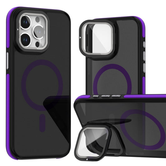 For iPhone 16 Pro Magsafe Dual-Color Skin Feel Lens Film Phone Case with Lens Fold Holder(Purple) by buy2fix