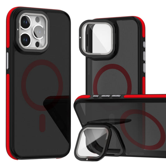 For iPhone 16 Pro Magsafe Dual-Color Skin Feel Lens Film Phone Case with Lens Fold Holder(Red) by buy2fix