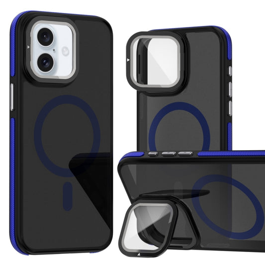 For iPhone 16 Plus Magsafe Dual-Color Skin Feel Lens Film Phone Case with Lens Fold Holder(Blue) by buy2fix