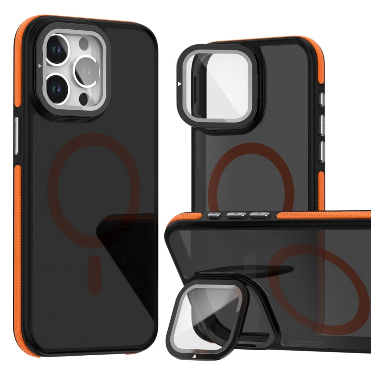 For iPhone 15 Pro Magsafe Dual-Color Skin Feel Lens Film Phone Case with Lens Fold Holder(Orange) - iPhone 15 Pro Cases by buy2fix | Online Shopping UK | buy2fix