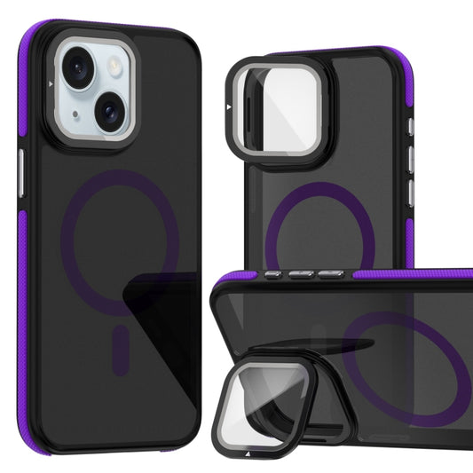 For iPhone 15 Plus Magsafe Dual-Color Skin Feel Lens Film Phone Case with Lens Fold Holder(Purple) - More iPhone Cases by buy2fix | Online Shopping UK | buy2fix