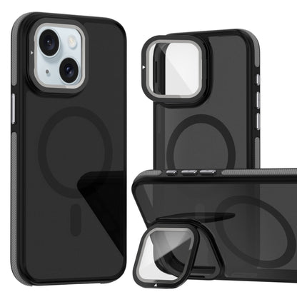 For iPhone 15 Magsafe Dual-Color Skin Feel Lens Film Phone Case with Lens Fold Holder(Gray) - iPhone 15 Cases by buy2fix | Online Shopping UK | buy2fix