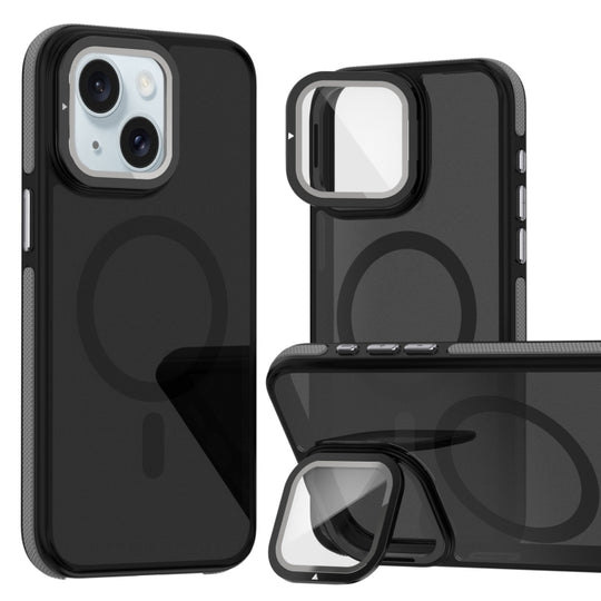 For iPhone 15 Magsafe Dual-Color Skin Feel Lens Film Phone Case with Lens Fold Holder(Gray)