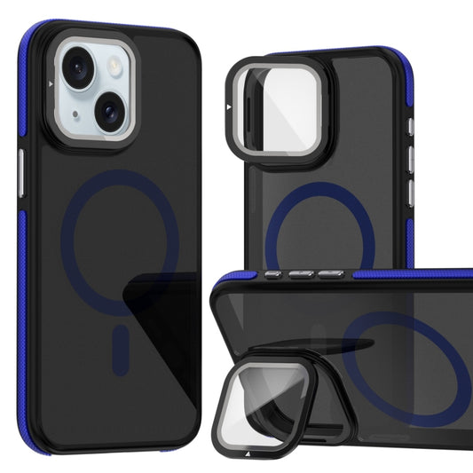 For iPhone 15 Magsafe Dual-Color Skin Feel Lens Film Phone Case with Lens Fold Holder(Blue) - More iPhone Cases by buy2fix | Online Shopping UK | buy2fix