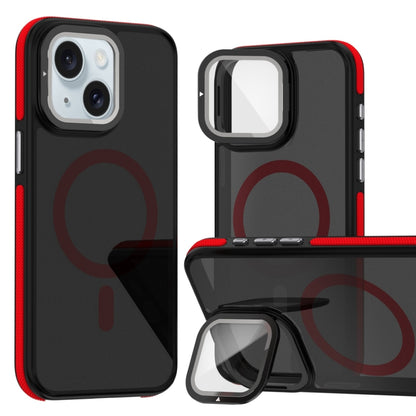 For iPhone 15 Magsafe Dual-Color Skin Feel Lens Film Phone Case with Lens Fold Holder(Red) - More iPhone Cases by buy2fix | Online Shopping UK | buy2fix