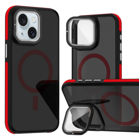 For iPhone 15 Magsafe Dual-Color Skin Feel Lens Film Phone Case with Lens Fold Holder(Red) - More iPhone Cases by buy2fix | Online Shopping UK | buy2fix