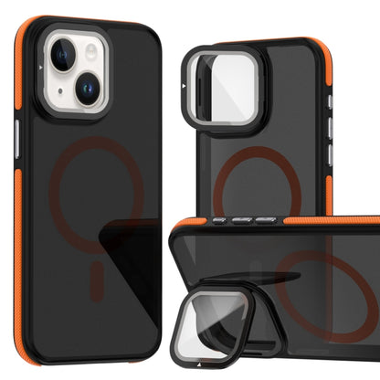 For iPhone 13 / 14 Magsafe Dual-Color Skin Feel Lens Film Phone Case with Lens Fold Holder(Orange) - iPhone 14 Cases by buy2fix | Online Shopping UK | buy2fix