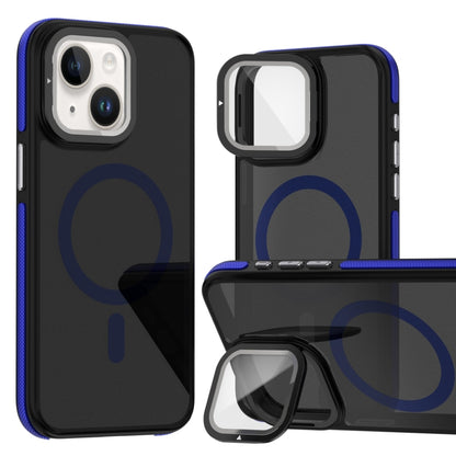 For iPhone 13 / 14 Magsafe Dual-Color Skin Feel Lens Film Phone Case with Lens Fold Holder(Blue) - More iPhone Cases by buy2fix | Online Shopping UK | buy2fix