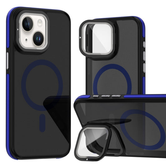 For iPhone 13 / 14 Magsafe Dual-Color Skin Feel Lens Film Phone Case with Lens Fold Holder(Blue) - More iPhone Cases by buy2fix | Online Shopping UK | buy2fix