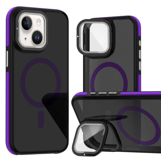 For iPhone 13 / 14 Magsafe Dual-Color Skin Feel Lens Film Phone Case with Lens Fold Holder(Purple) - More iPhone Cases by buy2fix | Online Shopping UK | buy2fix