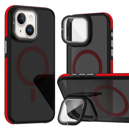 For iPhone 13 / 14 Magsafe Dual-Color Skin Feel Lens Film Phone Case with Lens Fold Holder(Red) - More iPhone Cases by buy2fix | Online Shopping UK | buy2fix