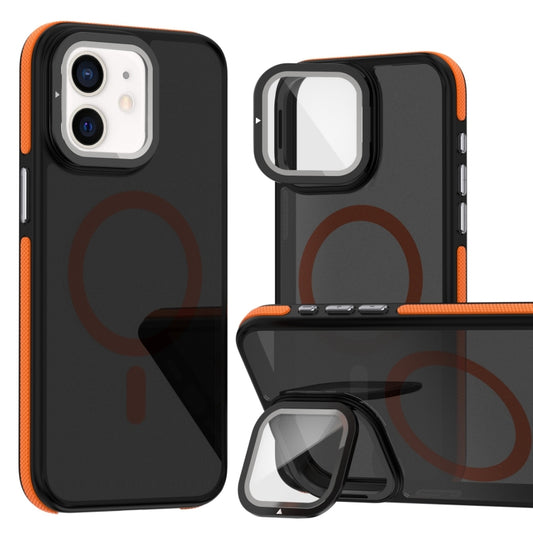 For iPhone 12 Pro / 12 Magsafe Dual-Color Skin Feel Lens Film Phone Case with Lens Fold Holder(Orange) - iPhone 12 / 12 Pro Cases by buy2fix | Online Shopping UK | buy2fix