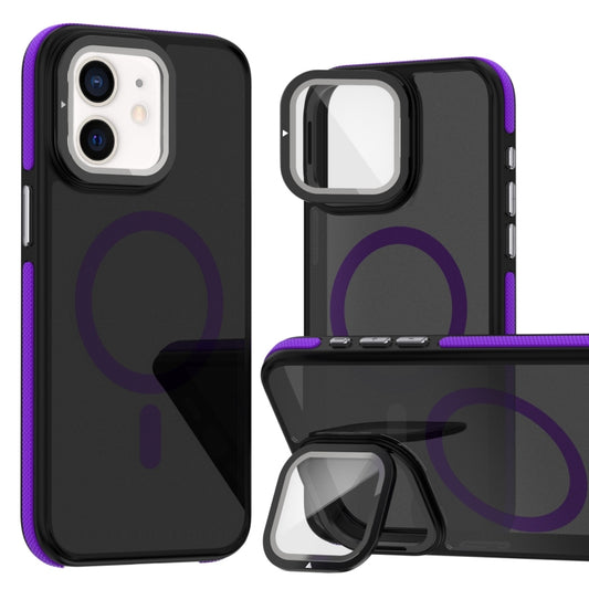 For iPhone 12 Pro / 12 Magsafe Dual-Color Skin Feel Lens Film Phone Case with Lens Fold Holder(Purple) - More iPhone Cases by buy2fix | Online Shopping UK | buy2fix