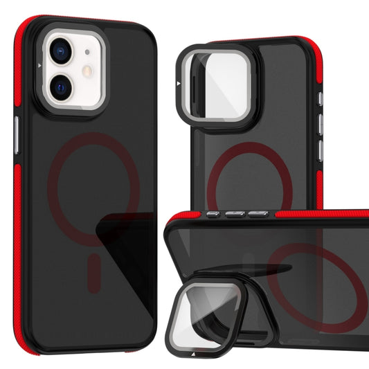 For iPhone 12 Pro / 12 Magsafe Dual-Color Skin Feel Lens Film Phone Case with Lens Fold Holder(Red) - More iPhone Cases by buy2fix | Online Shopping UK | buy2fix