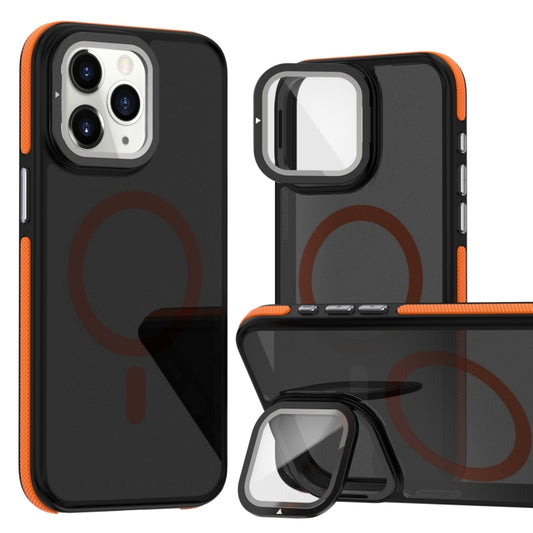For iPhone 11 Pro Max Magsafe Dual-Color Skin Feel Lens Film Phone Case with Lens Fold Holder(Orange) - iPhone 11 Pro Max Cases by buy2fix | Online Shopping UK | buy2fix