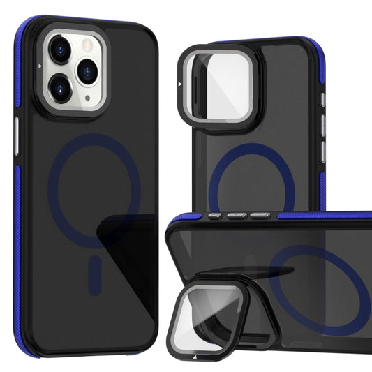 For iPhone 11 Pro Max Magsafe Dual-Color Skin Feel Lens Film Phone Case with Lens Fold Holder(Blue) - More iPhone Cases by buy2fix | Online Shopping UK | buy2fix