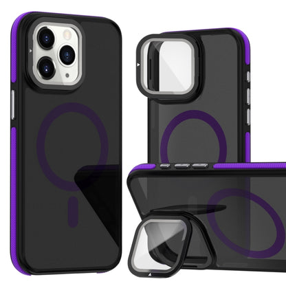 For iPhone 11 Pro Max Magsafe Dual-Color Skin Feel Lens Film Phone Case with Lens Fold Holder(Purple) - More iPhone Cases by buy2fix | Online Shopping UK | buy2fix