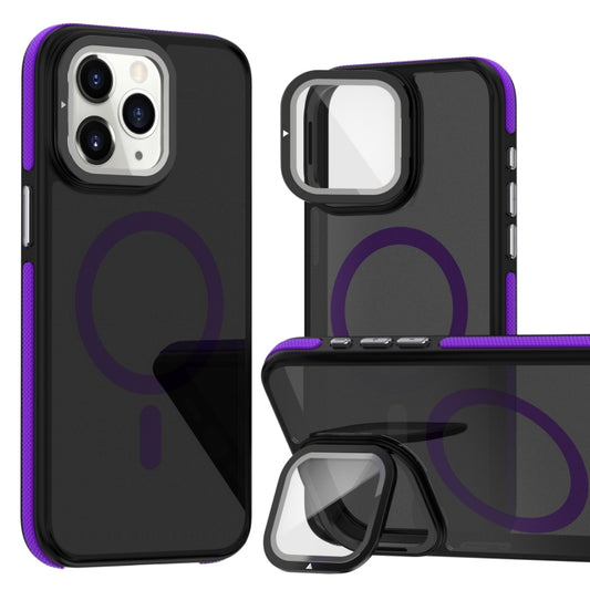 For iPhone 11 Pro Max Magsafe Dual-Color Skin Feel Lens Film Phone Case with Lens Fold Holder(Purple) - More iPhone Cases by buy2fix | Online Shopping UK | buy2fix