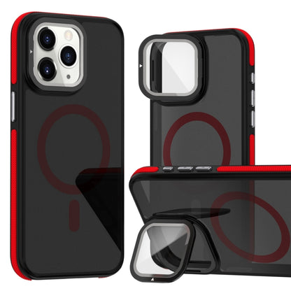 For iPhone 11 Pro Max Magsafe Dual-Color Skin Feel Lens Film Phone Case with Lens Fold Holder(Red) - More iPhone Cases by buy2fix | Online Shopping UK | buy2fix