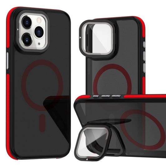 For iPhone 11 Pro Max Magsafe Dual-Color Skin Feel Lens Film Phone Case with Lens Fold Holder(Red) - More iPhone Cases by buy2fix | Online Shopping UK | buy2fix