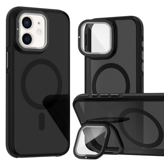 For iPhone 11 Magsafe Dual-Color Skin Feel Lens Film Phone Case with Lens Fold Holder(Black) - iPhone 11 Cases by buy2fix | Online Shopping UK | buy2fix
