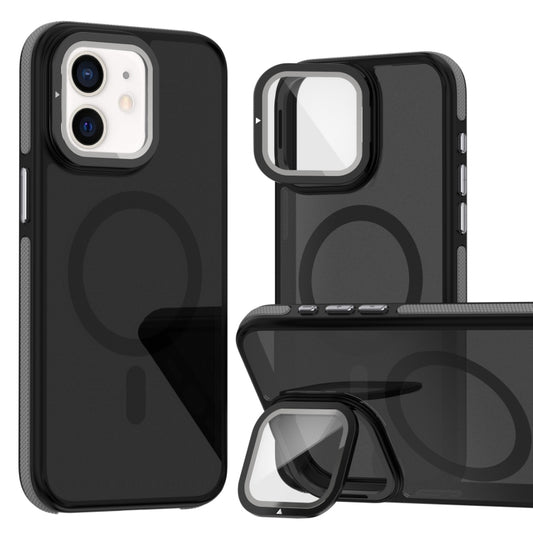 For iPhone 11 Magsafe Dual-Color Skin Feel Lens Film Phone Case with Lens Fold Holder(Gray) - iPhone 11 Cases by buy2fix | Online Shopping UK | buy2fix