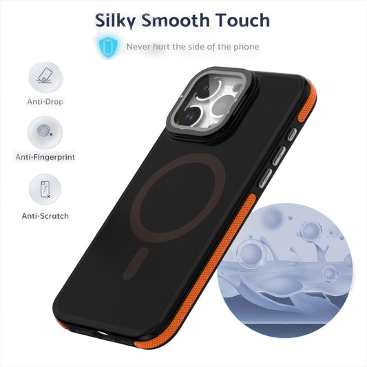 For iPhone 16 Pro Magsafe Dual-Color Skin Feel Lens Film Phone Case with Lens Fold Holder(Blue) by buy2fix