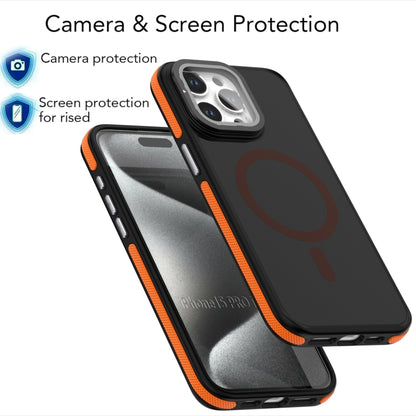 For iPhone 15 Pro Magsafe Dual-Color Skin Feel Lens Film Phone Case with Lens Fold Holder(Orange) - iPhone 15 Pro Cases by buy2fix | Online Shopping UK | buy2fix