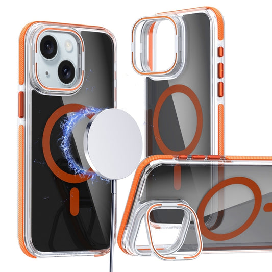 For iPhone 15 Magsafe Dual-Color Transparent Black Lens Holder Phone Case(Orange) - iPhone 15 Cases by buy2fix | Online Shopping UK | buy2fix