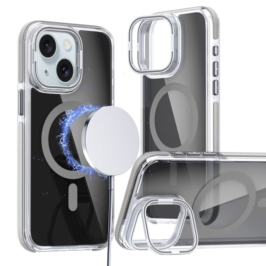 For iPhone 15 Magsafe Dual-Color Transparent Black Lens Holder Phone Case(Gray) - iPhone 15 Cases by buy2fix | Online Shopping UK | buy2fix