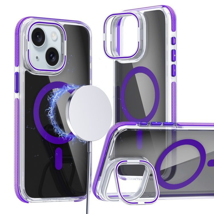 For iPhone 15 Magsafe Dual-Color Transparent Black Lens Holder Phone Case(Purple) - iPhone 15 Cases by buy2fix | Online Shopping UK | buy2fix