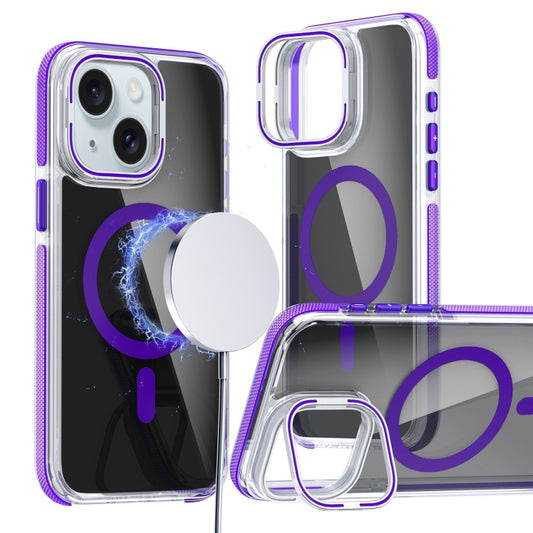 For iPhone 15 Magsafe Dual-Color Transparent Black Lens Holder Phone Case(Purple) - iPhone 15 Cases by buy2fix | Online Shopping UK | buy2fix