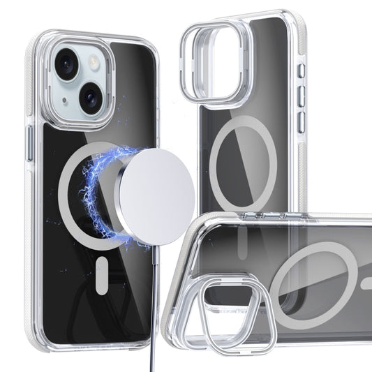 For iPhone 15 Magsafe Dual-Color Transparent Black Lens Holder Phone Case(White) - iPhone 15 Cases by buy2fix | Online Shopping UK | buy2fix