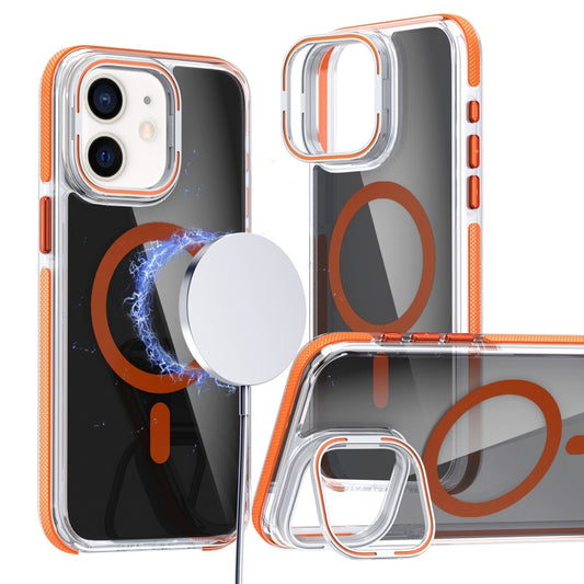 For iPhone 12 Pro / 12 Magsafe Dual-Color Transparent Black Lens Holder Phone Case(Orange) - iPhone 12 / 12 Pro Cases by buy2fix | Online Shopping UK | buy2fix