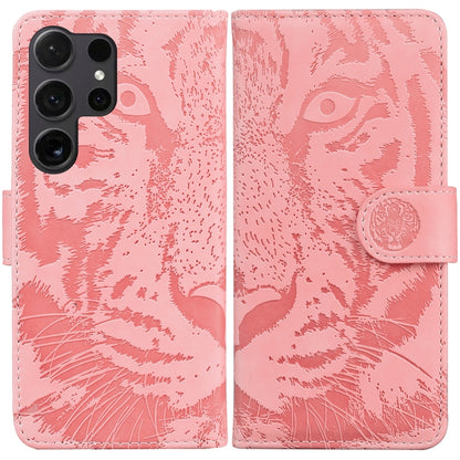 For Samsung Galaxy S25 Ultra 5G Tiger Embossing Pattern Flip Leather Phone Case(Pink) by buy2fix