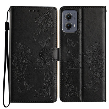 For Motorola Edge 2024 Butterflies and Flowers Leather Phone Case(Black) by buy2fix