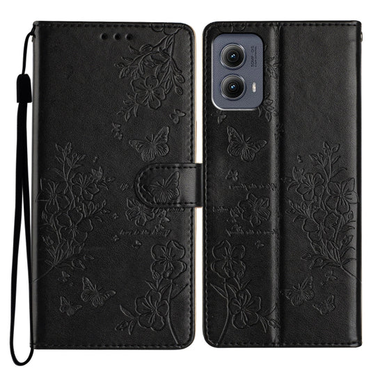 For Motorola Edge 2024 Butterflies and Flowers Leather Phone Case(Black) by buy2fix